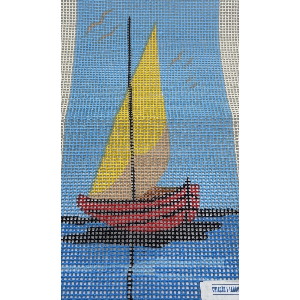 Vintage Rio de Janero Brazil Hand‎ Painted Needlepoint Canvas Sailboat on Ocean